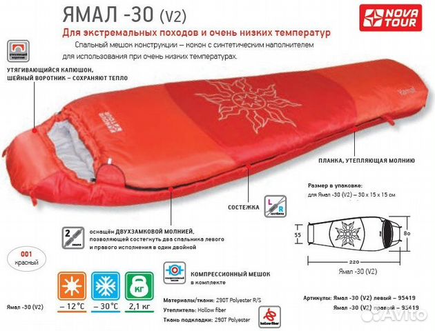 Спальный мешок Ямал -30 V2 красный