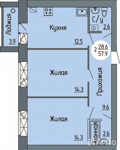 2-к квартира, 57.9 м², 3/8 эт.