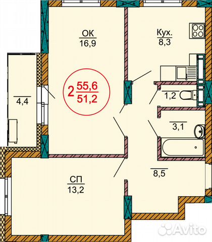 2-к квартира, 55.6 м², 11/18 эт.