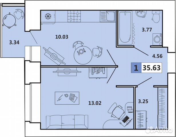 1-к квартира, 36 м², 6/10 эт.