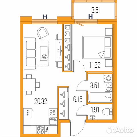 1-к квартира, 43.4 м², 17/22 эт. 1-к квартира, 43.4 м², 17/22 эт.