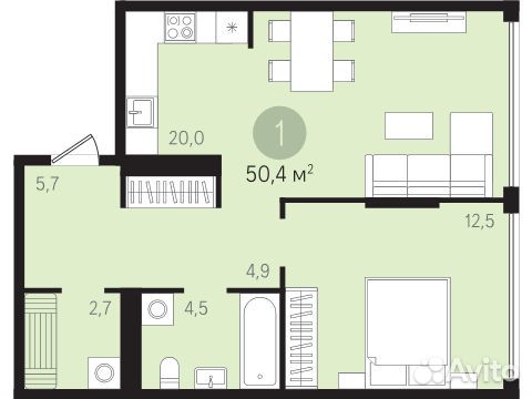 1-к квартира, 50.4 м², 2/10 эт.