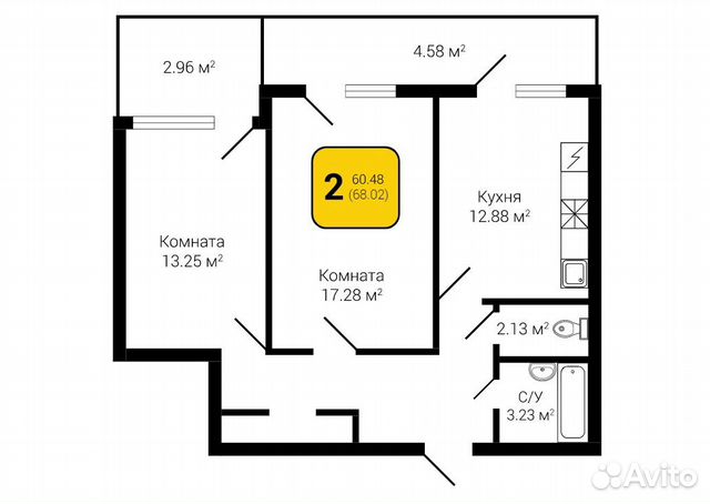2-к квартира, 68 м², 14/17 эт.