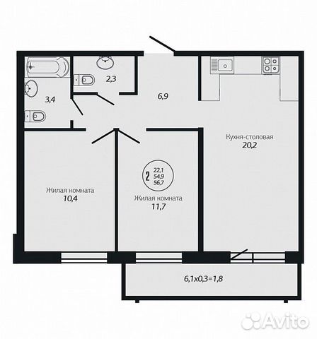 2-к квартира, 56.7 м², 16/19 эт.