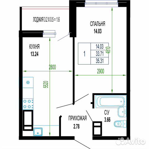 1-к квартира, 35.3 м², 14/24 эт. 1-к квартира, 35.3 м², 14/24 эт.