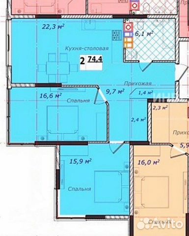 2-к квартира, 74 м², 5/6 эт.