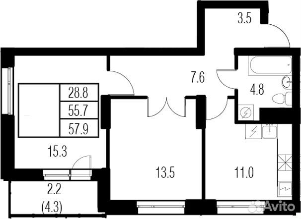 2-к квартира, 58 м², 4/22 эт.
