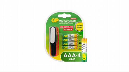Аккумуляторы GP AAA (HR03) 1000 мАч 4шт + Фонарик