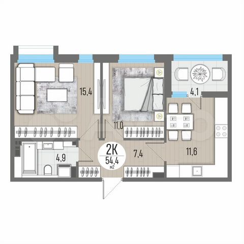 2-к. квартира, 54,4 м², 2/9 эт.