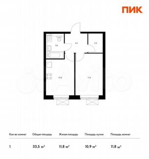 1-к квартира, 33.5 м², 6/25 эт.