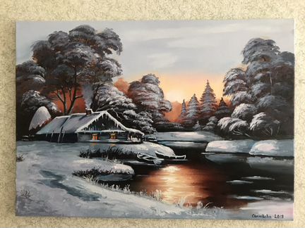 Картина маслом «Домик в лесу»