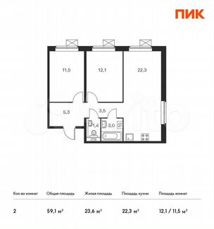 2-к квартира, 59.1 м², 6/25 эт.