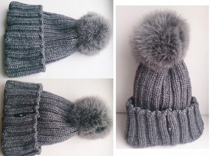 Шапка новая серая с помпоном натур. Мех