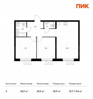 2-к квартира, 62.2 м², 30/33 эт.
