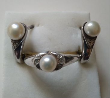 Серьги и кольцо серебро, жемчуг, янтарь