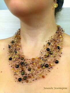 Колье и серьги с цитринами и тигровым глазом