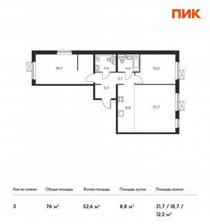 3-к квартира, 76 м², 19/25 эт.