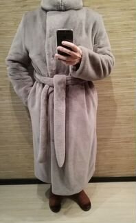 Шуба из экомеха серо-голубая